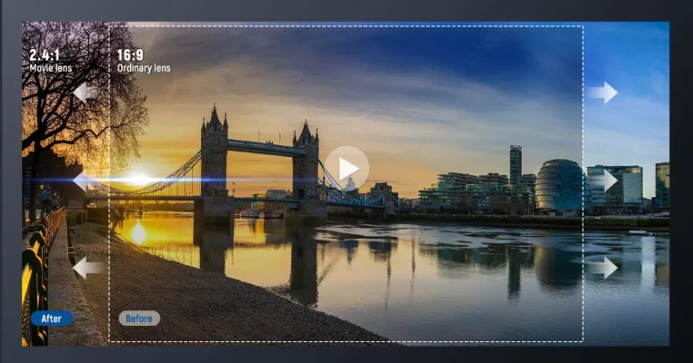 Objectif Anamorphique 1:55 pour smartphone filmant le Tower Bridge à Londres